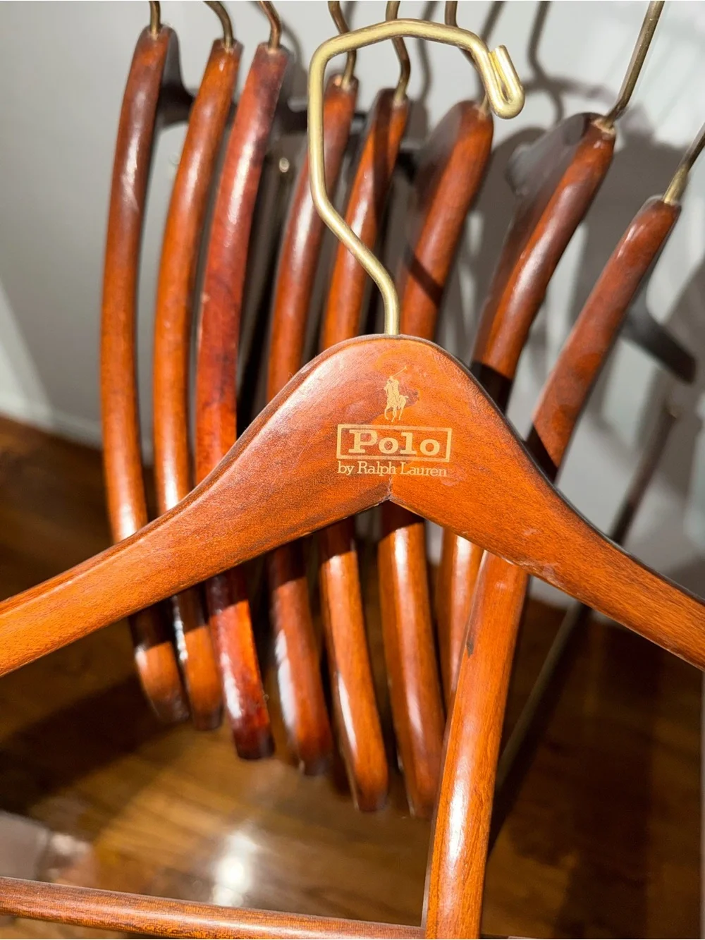 Set of 9 Vintage Polo Ralph Lauren Wooden Suit Hangers with Pant Bar